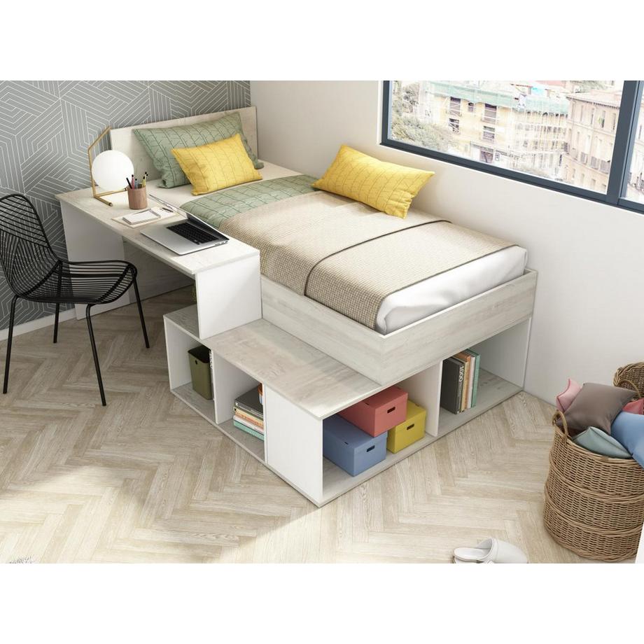 Vente-unique Letto combinato con vani portaoggetti e Scrivania 90 x 200 cm Naturale e Bianco + Reti + Materasso - RIGALI  
