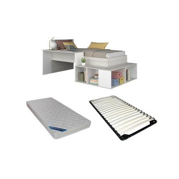 Letto combinato con vani portaoggetti e Scrivania 90 x 200 cm Naturale e Bianco + Reti + Materasso - RIGALI