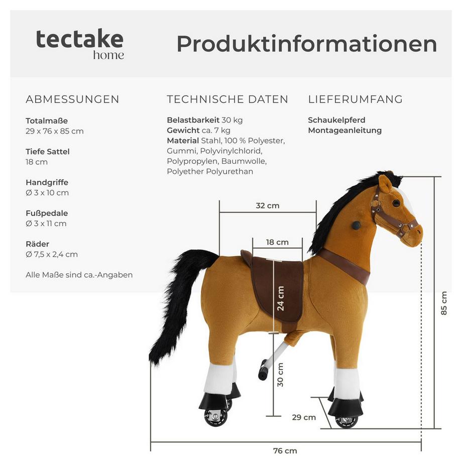 Tectake  Schaukelpferd auf Rollen  verschiedene Größen, realistisches Design Stahlgestell mit weichem Plüsch 