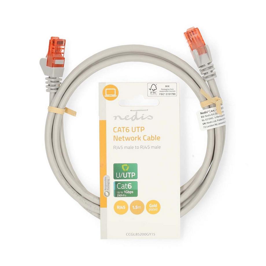 Nedis  Cavo di rete CAT6 | Rj45 maschio | Rj45 maschio | U/utp | 1,50 m | Round | PVC | Grigio | Etichetta 