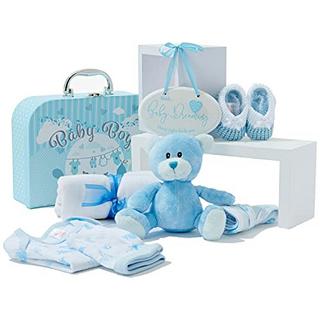 Activity-board  Coffret cadeau bébé garçon - Cadeau bébé garçon bleu emballé à la main - Coffret cadeau bébé avec valise, ours en peluche, chaussures bébé tricotées, bavoir, bonnet, couche en gaze et étiquette à accrocher 