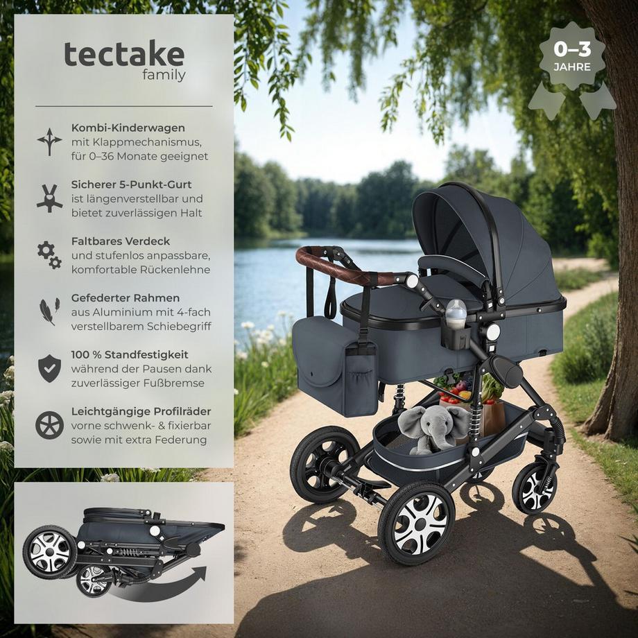 Tectake  Kombi-Kinderwagen Mats 2 in 1, klappbar, mit 5-Punkt-Gurt, Bremse, Schutzbügel und Handschlaufe verstellbare Rückenlehne und Schiebegriff, faltbares Verdeck 