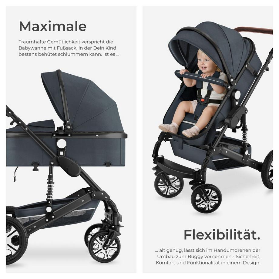 Tectake  Kombi-Kinderwagen Mats 2 in 1, klappbar, mit 5-Punkt-Gurt, Bremse, Schutzbügel und Handschlaufe verstellbare Rückenlehne und Schiebegriff, faltbares Verdeck 