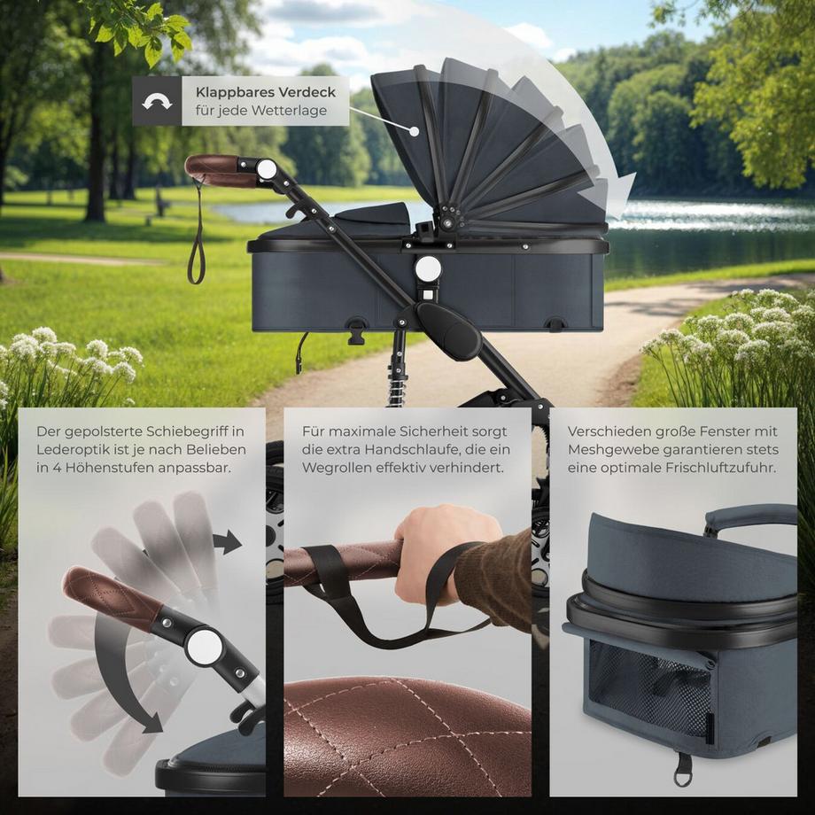 Tectake  Kombi-Kinderwagen Mats 2 in 1, klappbar, mit 5-Punkt-Gurt, Bremse, Schutzbügel und Handschlaufe verstellbare Rückenlehne und Schiebegriff, faltbares Verdeck 