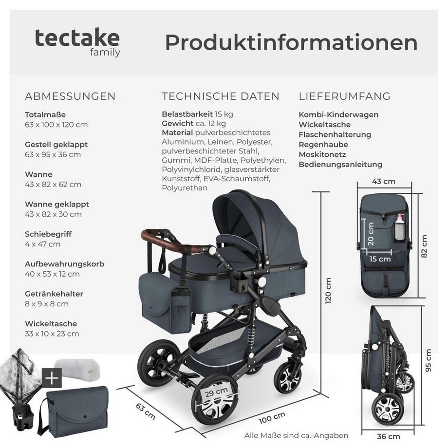Tectake  Kombi-Kinderwagen Mats 2 in 1, klappbar, mit 5-Punkt-Gurt, Bremse, Schutzbügel und Handschlaufe verstellbare Rückenlehne und Schiebegriff, faltbares Verdeck 