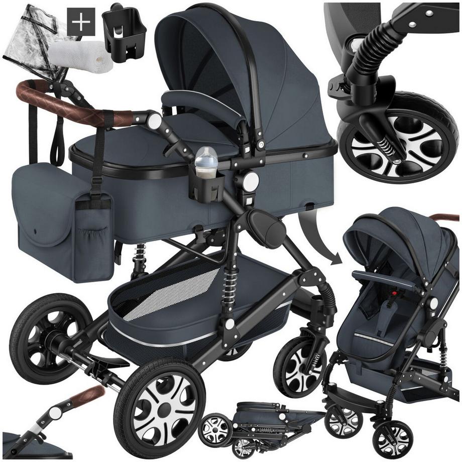 Tectake  Kombi-Kinderwagen Mats 2 in 1, klappbar, mit 5-Punkt-Gurt, Bremse, Schutzbügel und Handschlaufe verstellbare Rückenlehne und Schiebegriff, faltbares Verdeck 