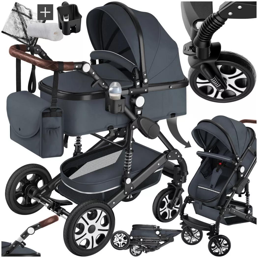 Tectake - Kombi-Kinderwagen Mats 2 in 1, klappbar, mit 5-Punkt-Gurt, Bremse, Schutzbügel und Handschlaufe verstellbare Rückenlehne und Schiebegriff, faltbares Verdeck, Anthrazit