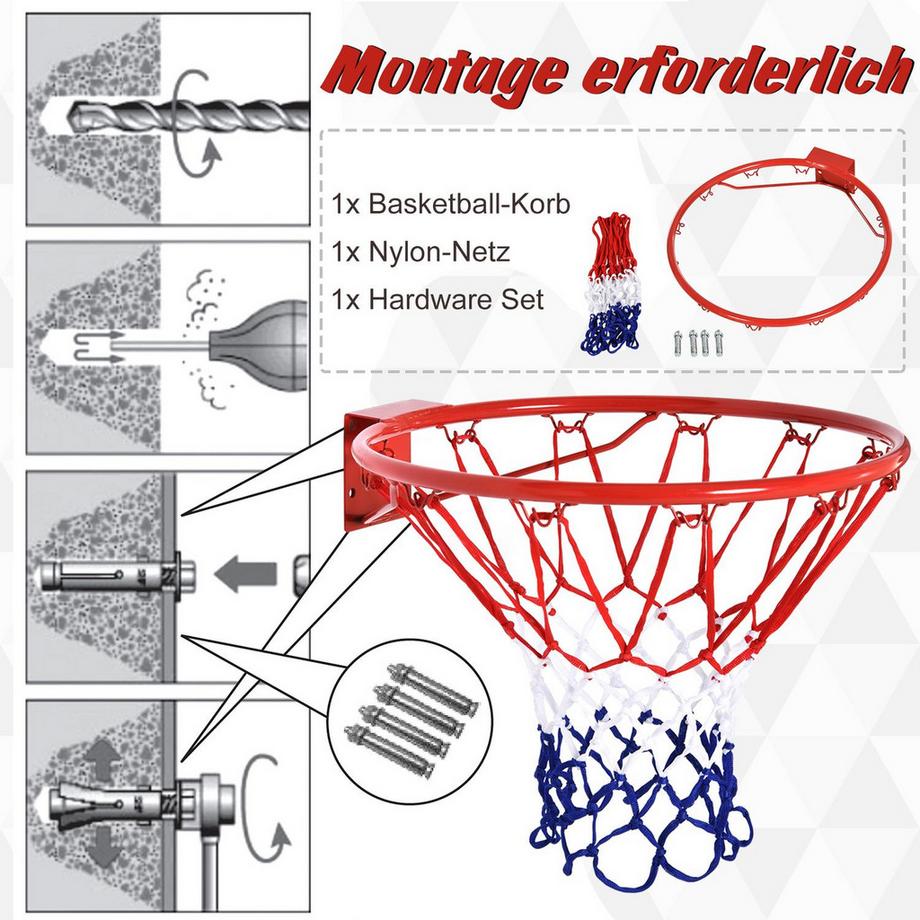 Northio  Basketball Netz Basketballkorb mit Netz, Stahlrohr+Nylon, Rot + Blau + Weiß, ø46 cm 