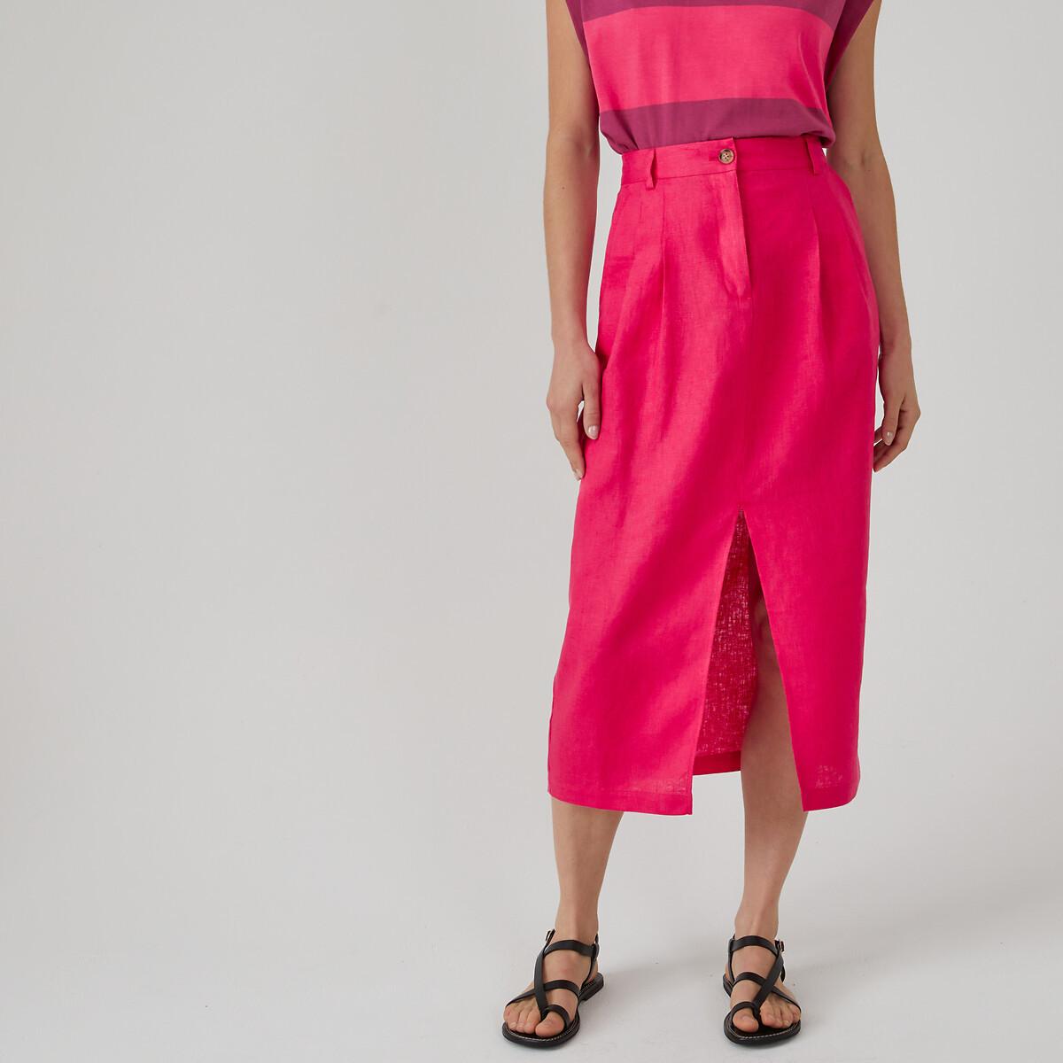 Image of Bleistiftrock Aus Leinen Damen Rosa 44