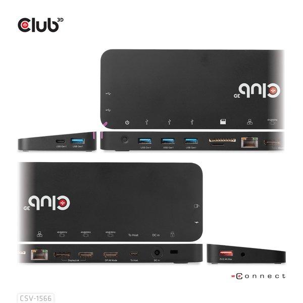 Club3D  USB Gen1 Typ-C Triple Display DP Alt-Modus Displaylink Dynamic PD Ladestation mit 120 Watt PS 