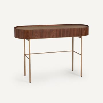 Bureau console plaqué noyer et cuir