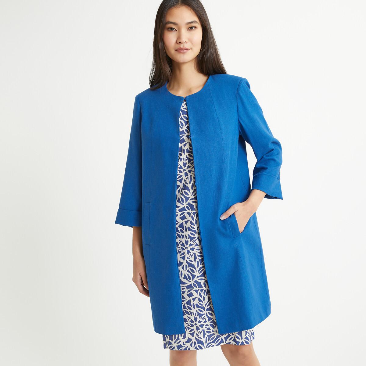Image of Gerader Long-blazer Aus Leinenmix Unisex Blau 44