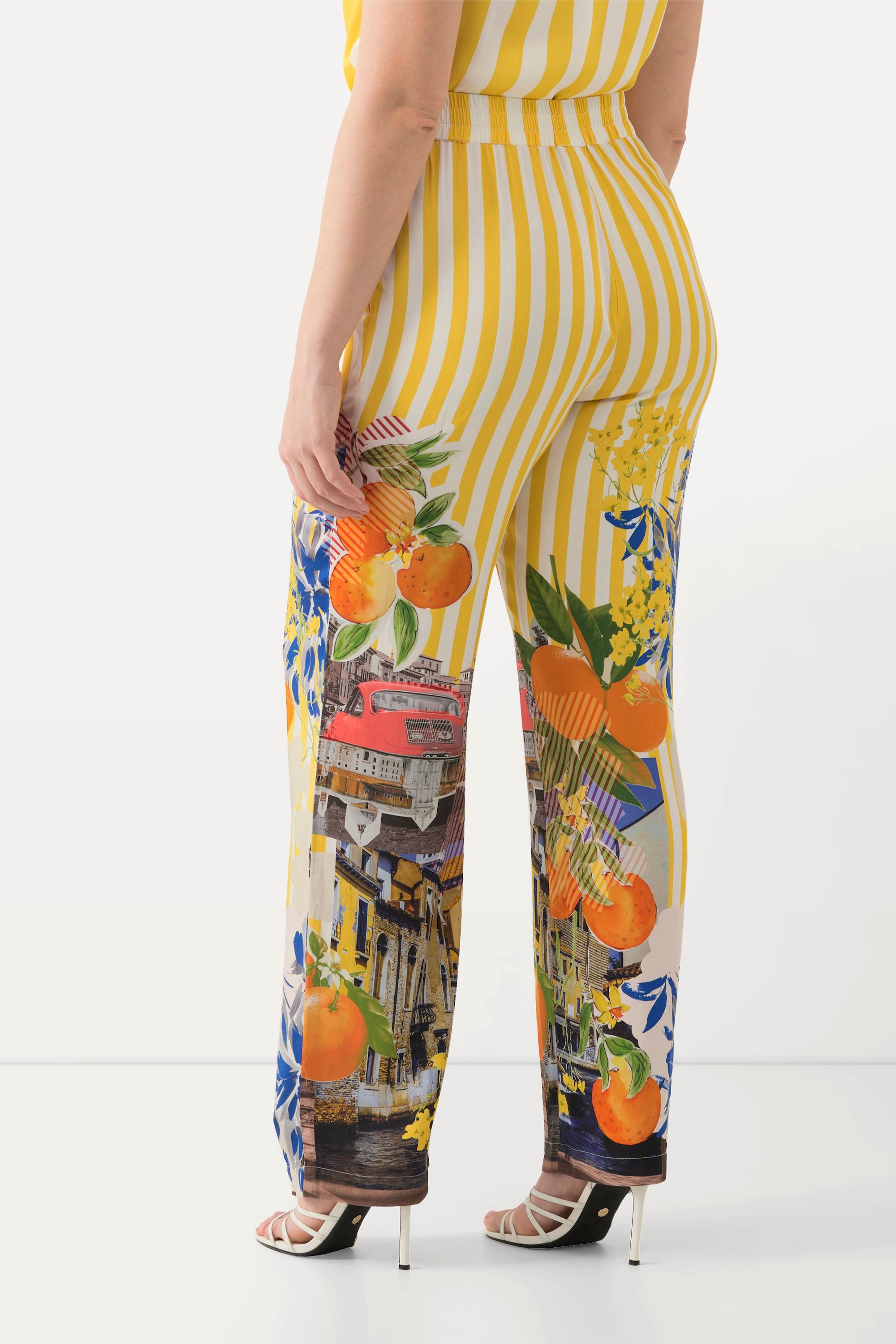 Ulla Popken  Pantalon à rayures et motif oranges, jambe large et taille confortable 