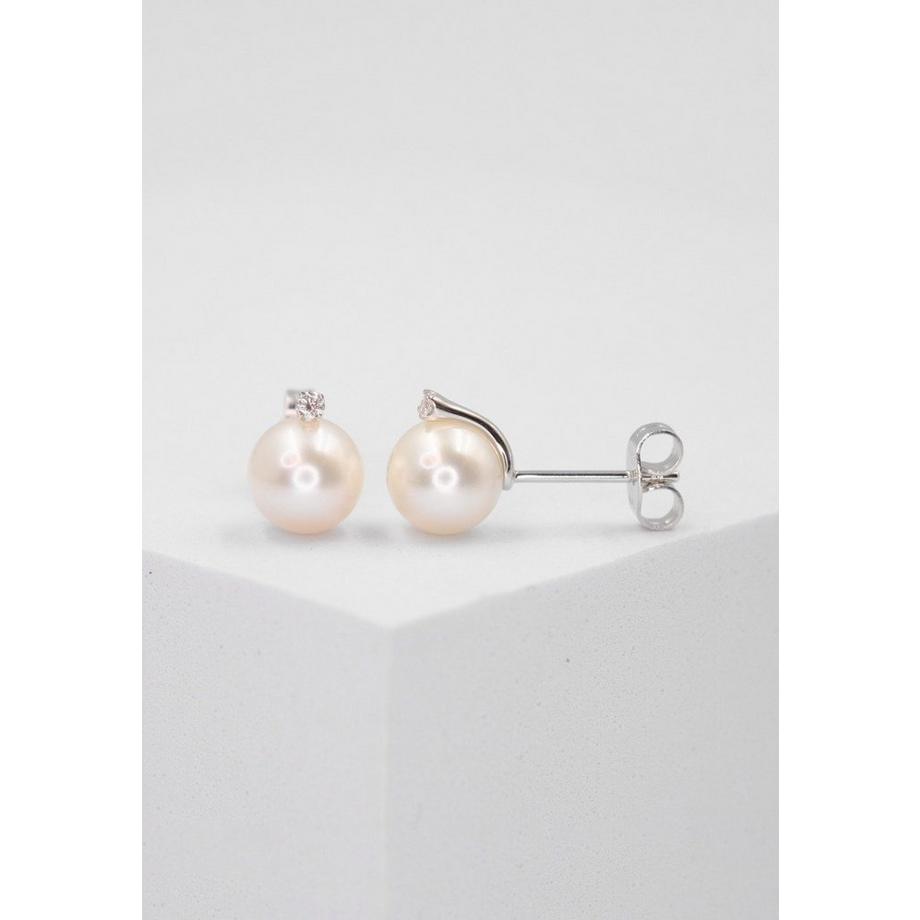 MUAU Schmuck  Clous d'oreilles perle or blanc 750 diamants perle d'eau douce 0,03ct. 7mm 