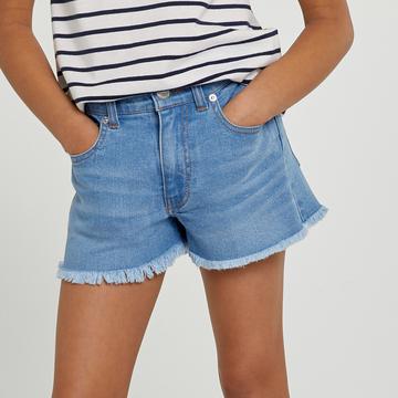 Short en jean frangé