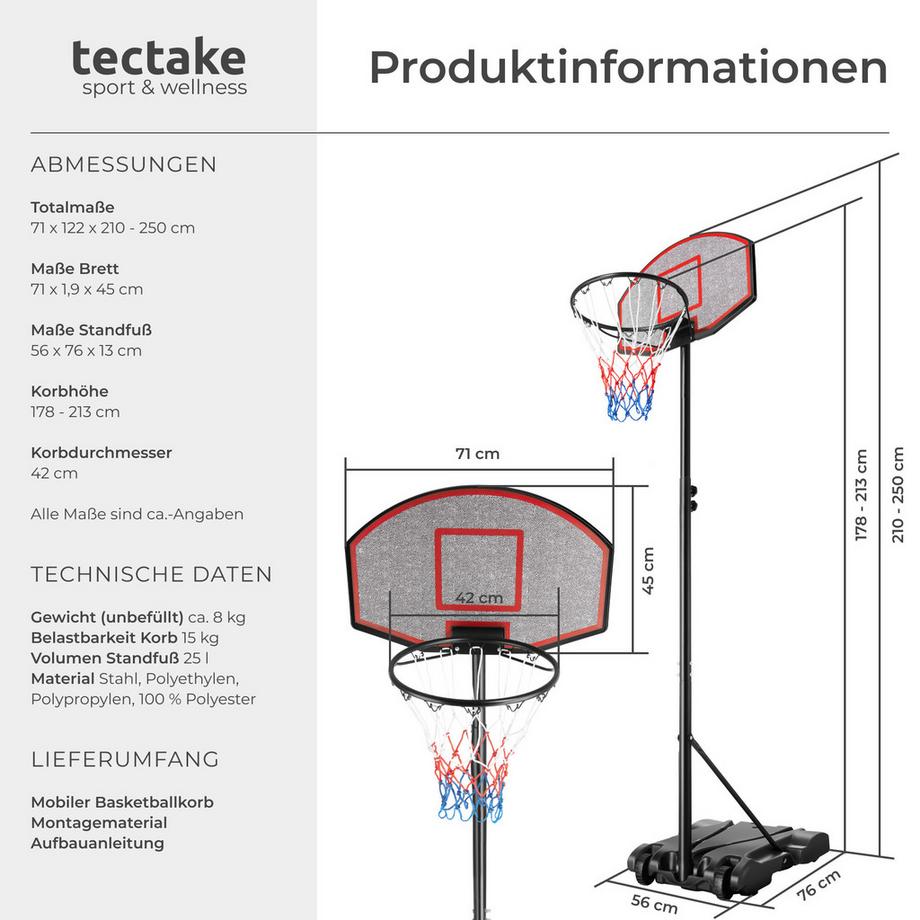 Tectake  Canestro da basket Harlem autoportante, con tabellone e base 