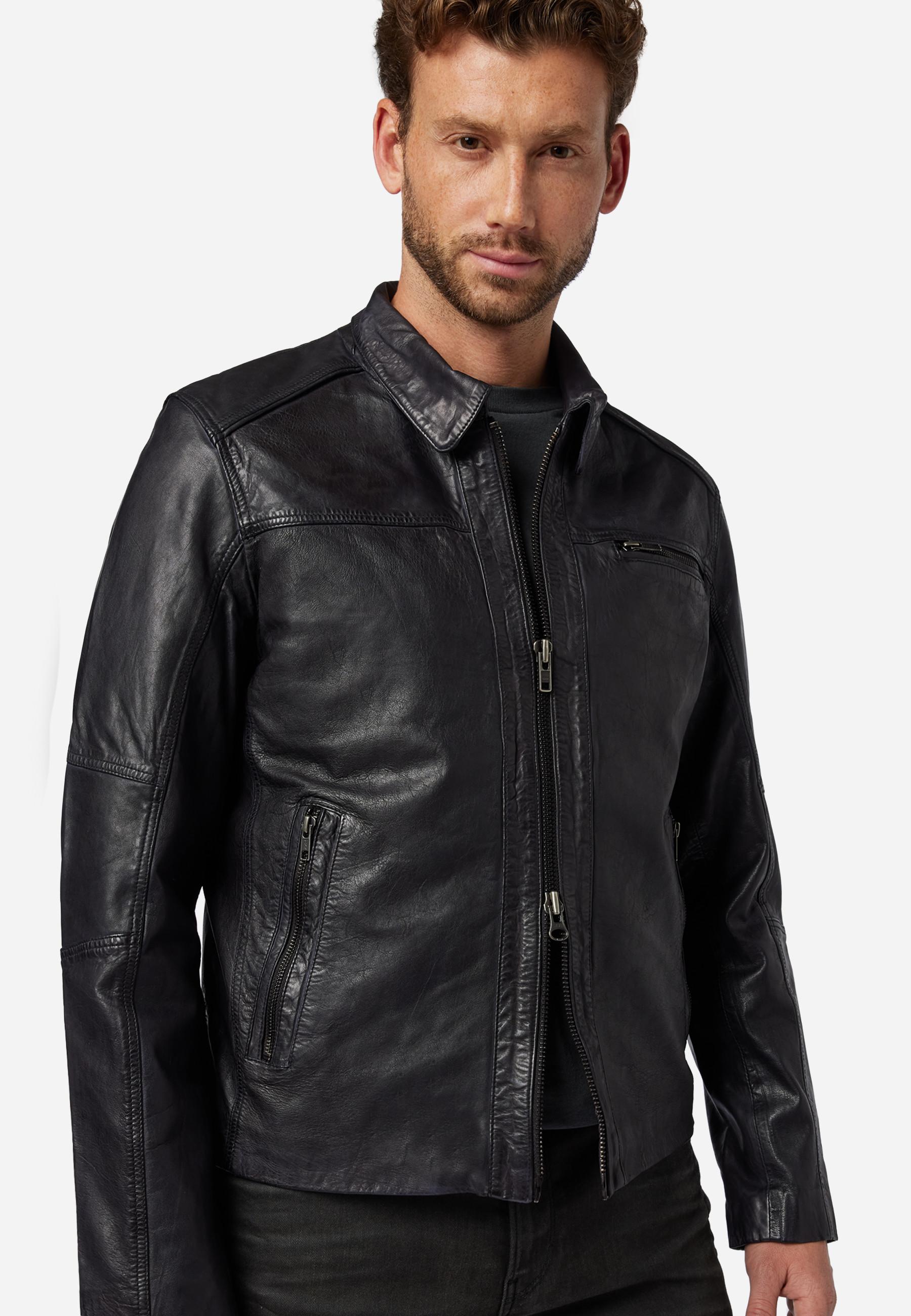 RICANO  Veste en cuir pour homme Shelby - Classique avec col polo 