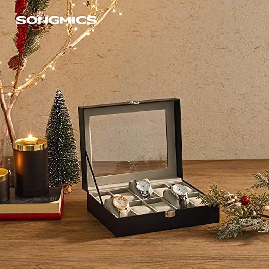 Pricenet  Elegante Uhrenbox mit 10 Fächern, Glasdeckel und Kissen 