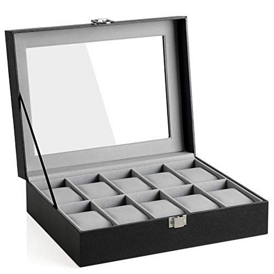 Pricenet  Elegante Uhrenbox mit 10 Fächern, Glasdeckel und Kissen 
