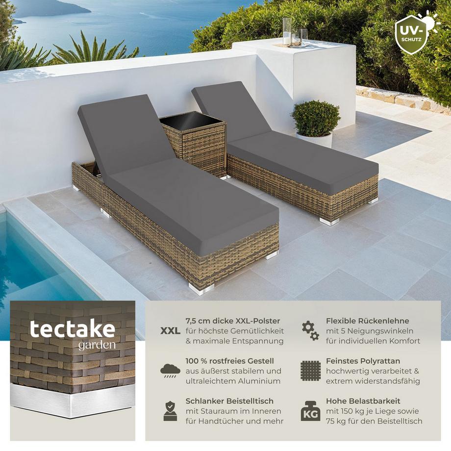 Tectake 2er Set Rattan Sonnenliegen  mit Aluminiumgestell inklusive 2 Bezugssets und Schutzhülle  