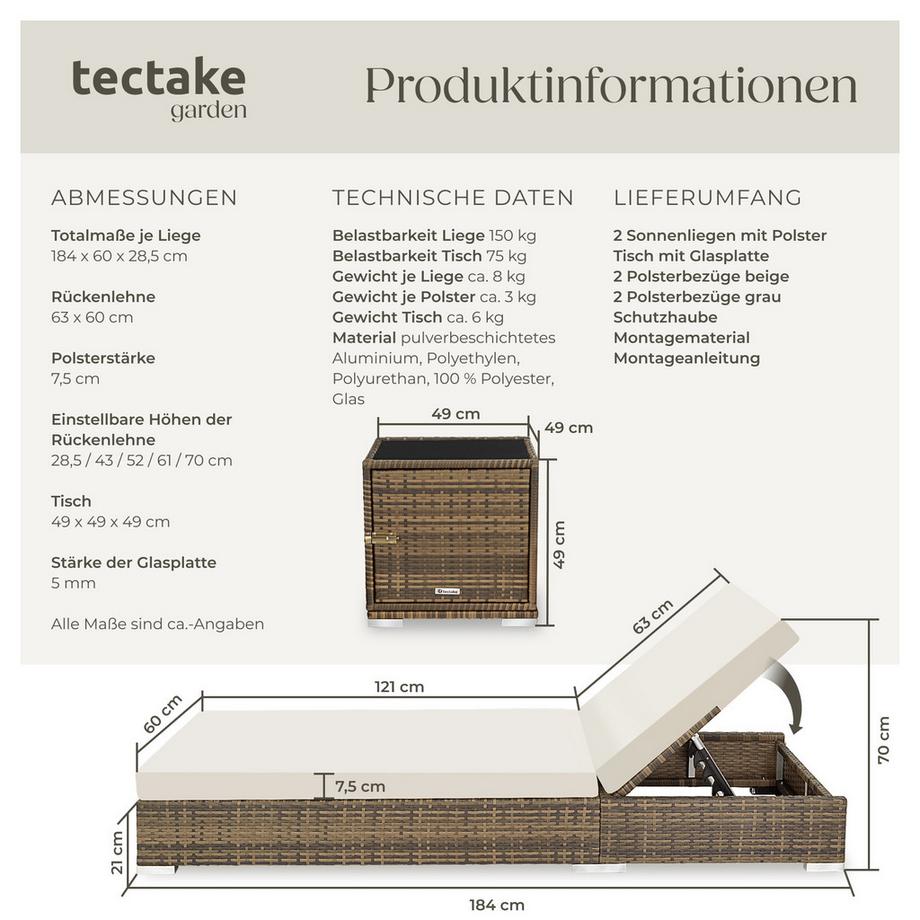 Tectake 2er Set Rattan Sonnenliegen  mit Aluminiumgestell inklusive 2 Bezugssets und Schutzhülle  