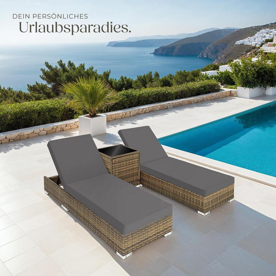 Tectake 2 Rattan Sonnenliegen Set mit Tisch, 5-fach höhenverstellbar, inklusive 2 Bezugssets und Schutzhülle  