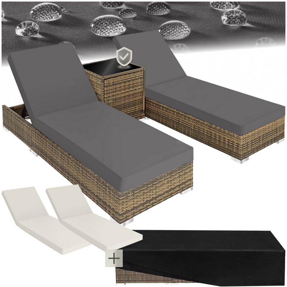 Tectake 2er Set Rattan Sonnenliegen  mit Aluminiumgestell inklusive 2 Bezugssets und Schutzhülle  