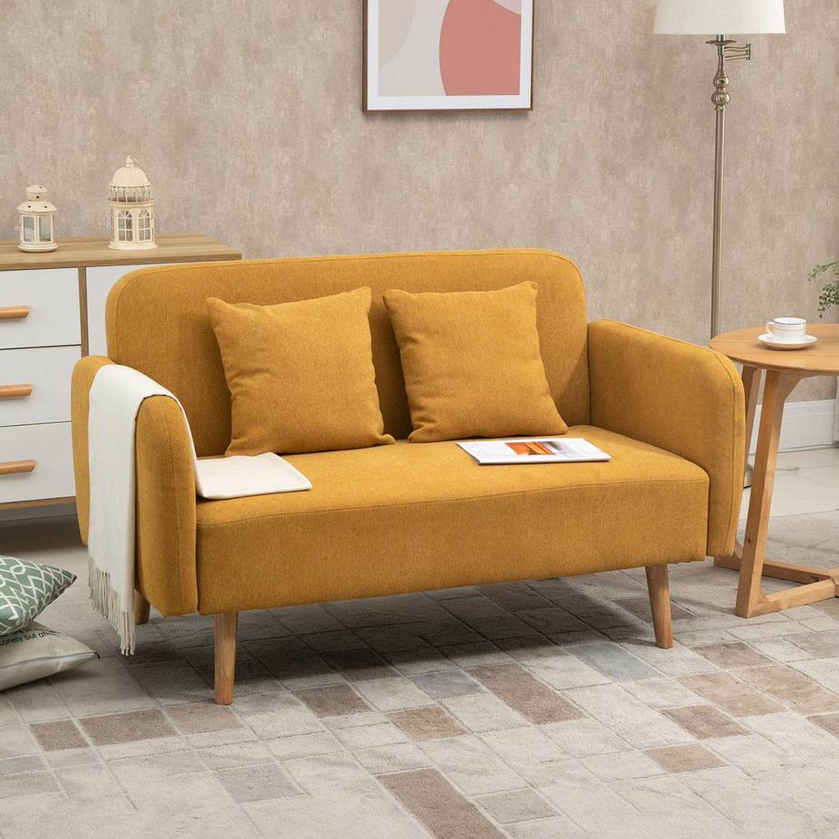 Northio Doppelsofa Loveseat Mit Kissen, Einstellbare Fußrasten, Samtartiges Polyester, Schaumstoff, Kompaktes Design, 2-Sitzer, Natur+Gelb  