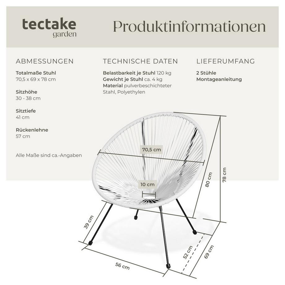 Tectake 2er Set Gartenstuhl Santana Retro-Design im Acapulco-Stil mit Schnurbespannung  