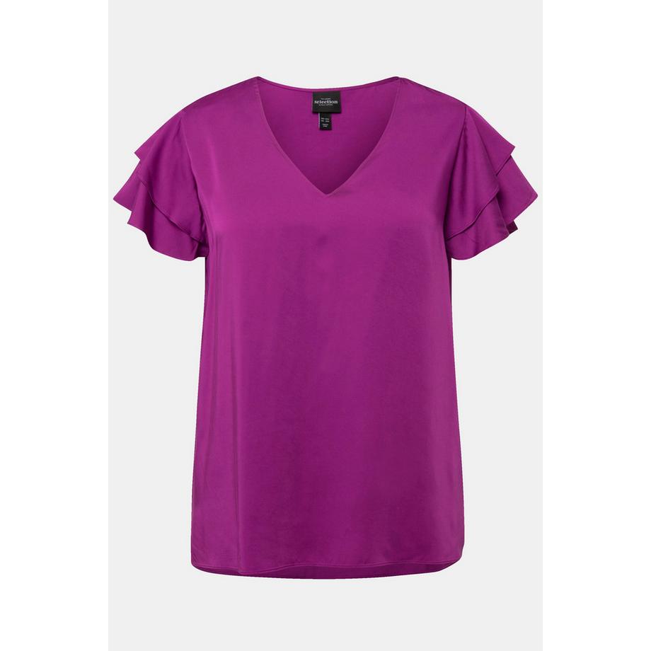 Ulla Popken Blouse décolleté en V manches courtes et évasées double volant  