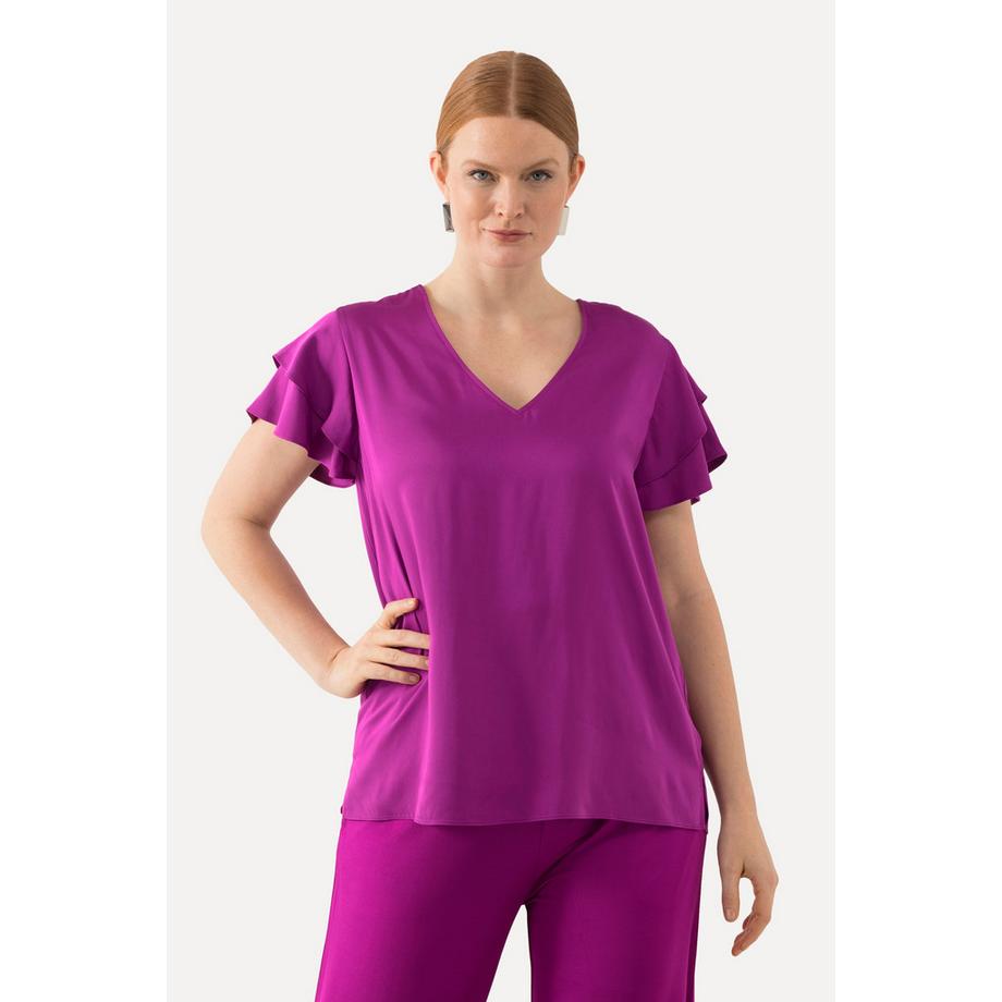 Ulla Popken Blouse décolleté en V manches courtes et évasées double volant  