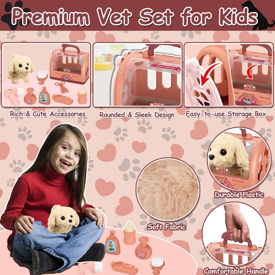 Activity-board  Roboter Hundespielzeug Arztkoffer Kinder, Tierarzt Spielzeug Kinder Rollenspiel 12 Stück mit elektronischem Hund läuft Bellen & Transportkäfig 