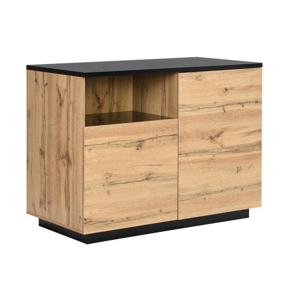 Vente-unique  Ilot central de cuisine avec 2 portes et 1 niche en MDF - Naturel et noir - CORELINA 