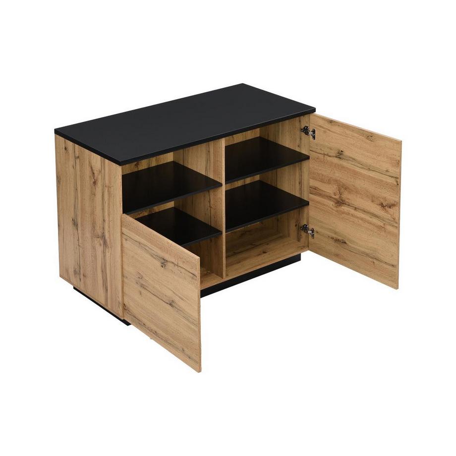 Vente-unique  Ilot central de cuisine avec 2 portes et 1 niche en MDF - Naturel et noir - CORELINA 