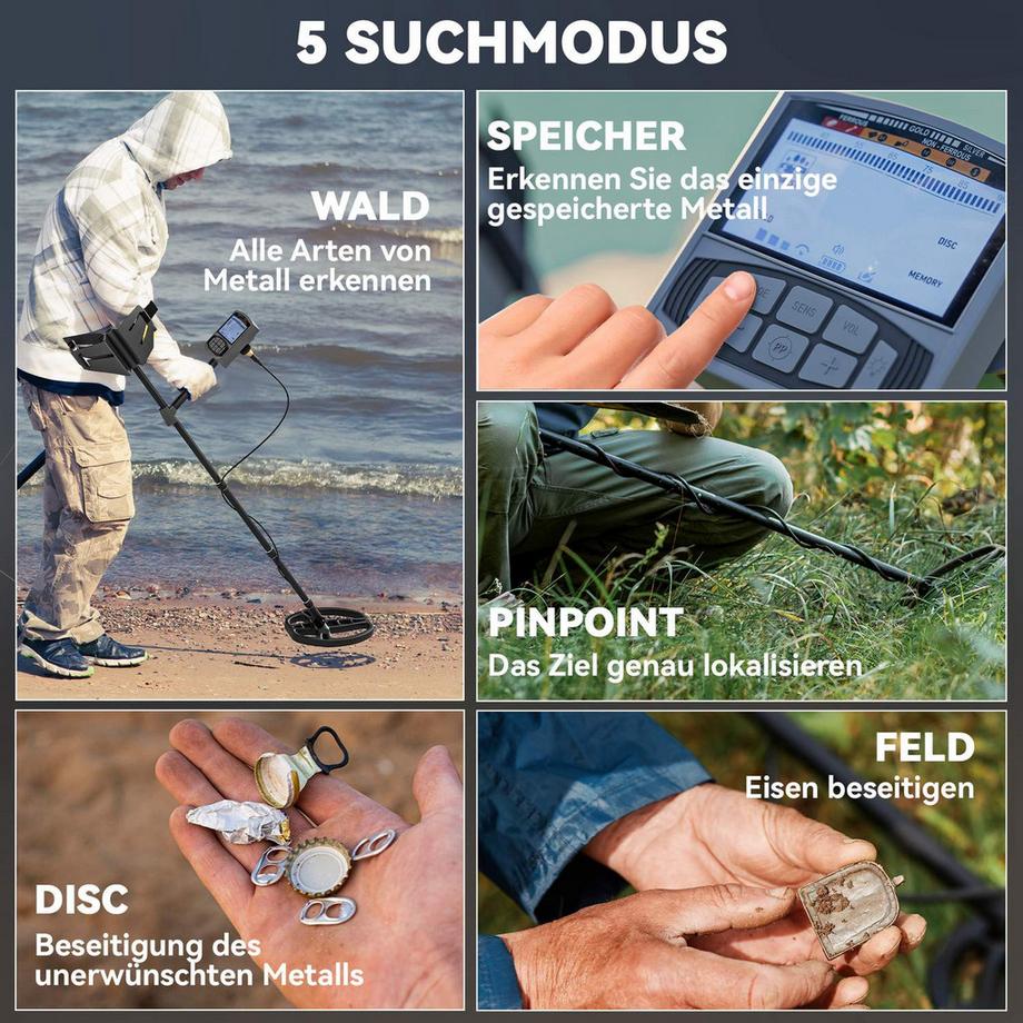 Northio  Metalldetektor für Erwachsene 5 Modi Tragbar Ortungsgerät mit Alarm Spule LCD-Display, IP68 Wasserdichter Metall Pin Pointer, Metallsuchgerät, Metallpointer für Hunt, Relikte, Dunkelgrau Aosom 