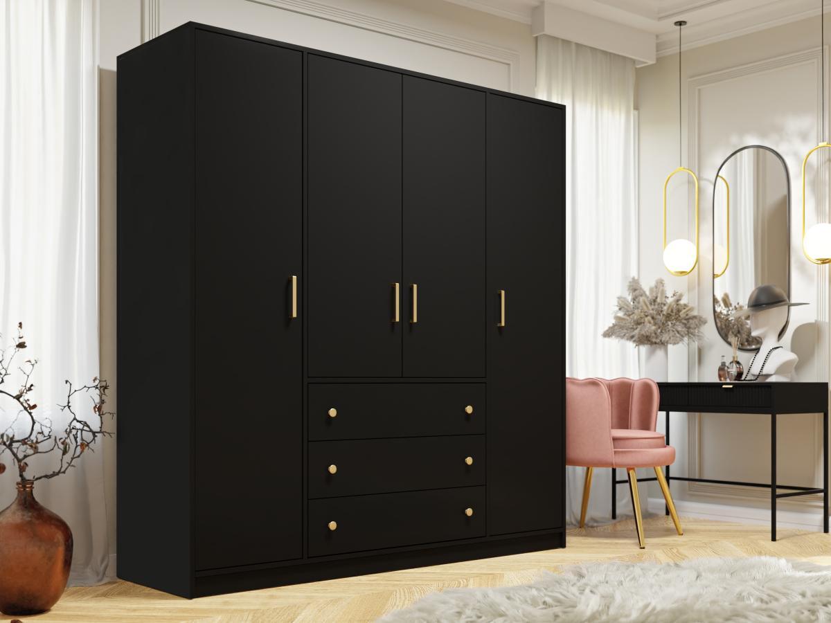 Vente-unique  Kleiderschrank mit 4 Türen & 3 Schubladen - 196 cm - Schwarz - LIZANDRO 