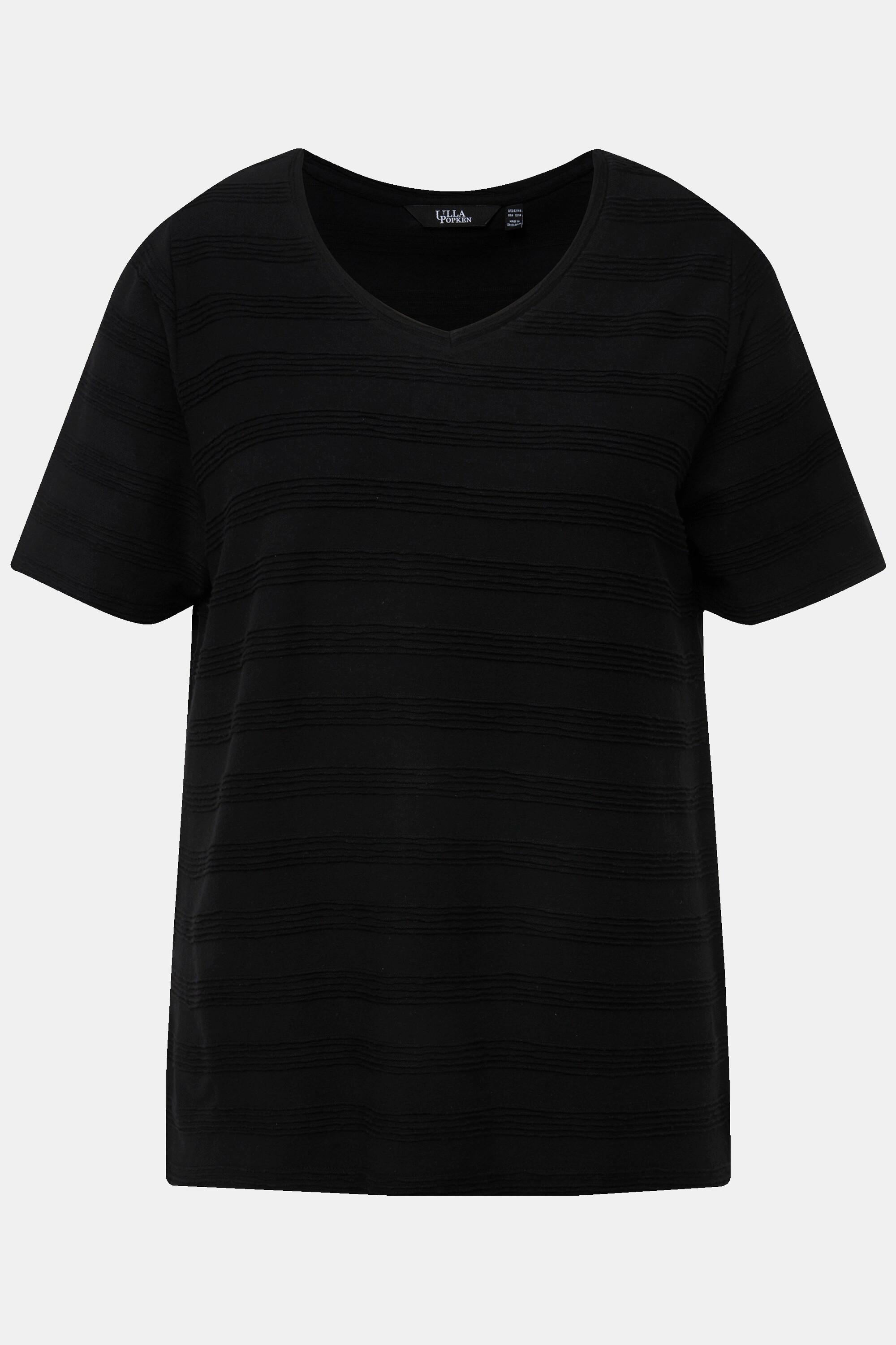 Ulla Popken  T-shirt con texture a righe, scollo a V e mezze maniche 