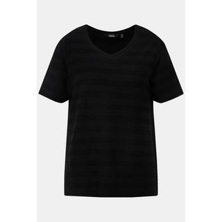 Ulla Popken  T-shirt con texture a righe, scollo a V e mezze maniche 