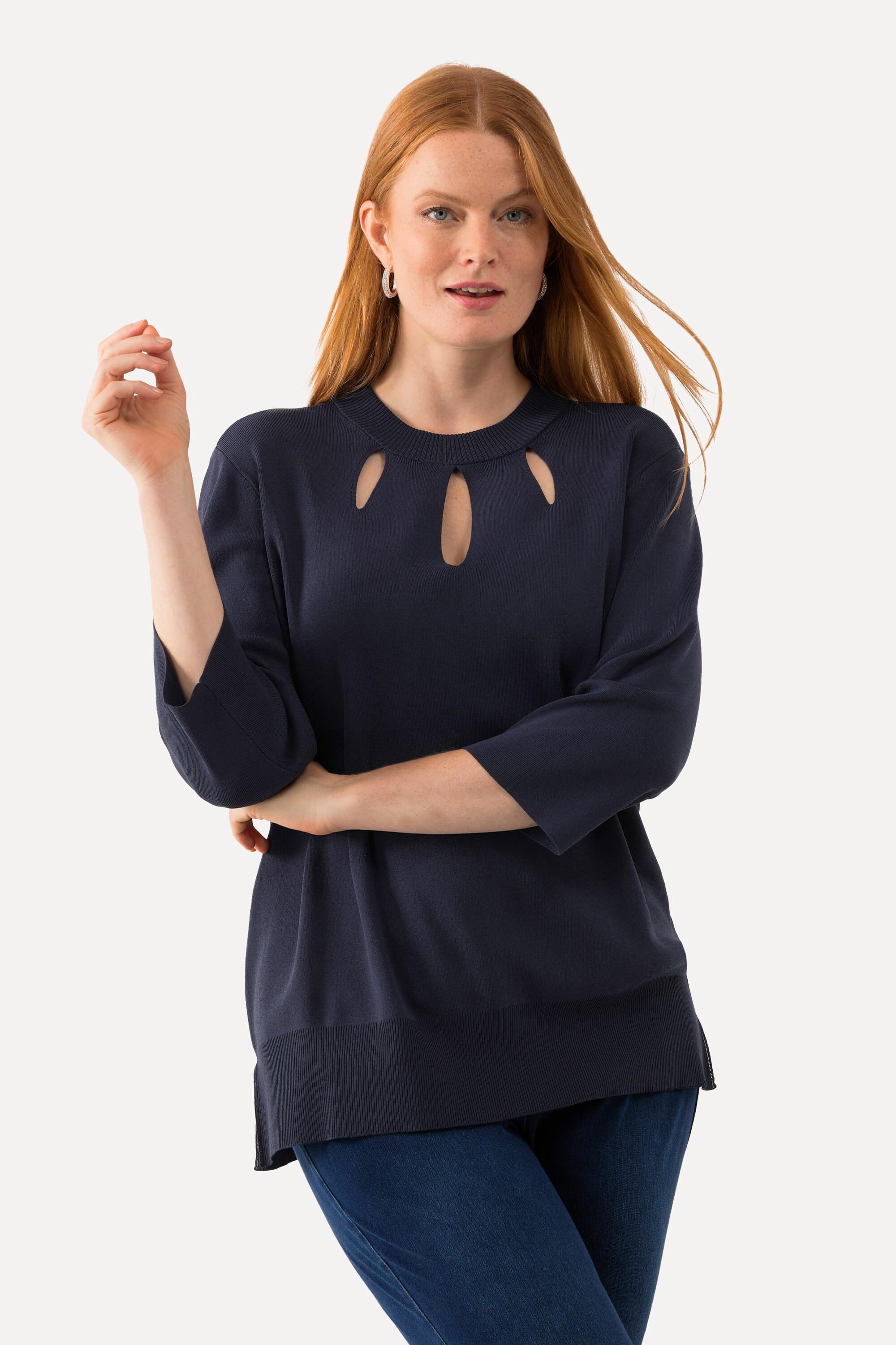 Ulla Popken  Pullover, Cut-Outs, Stehkragen, 3/4-Arm, Rippstrick 