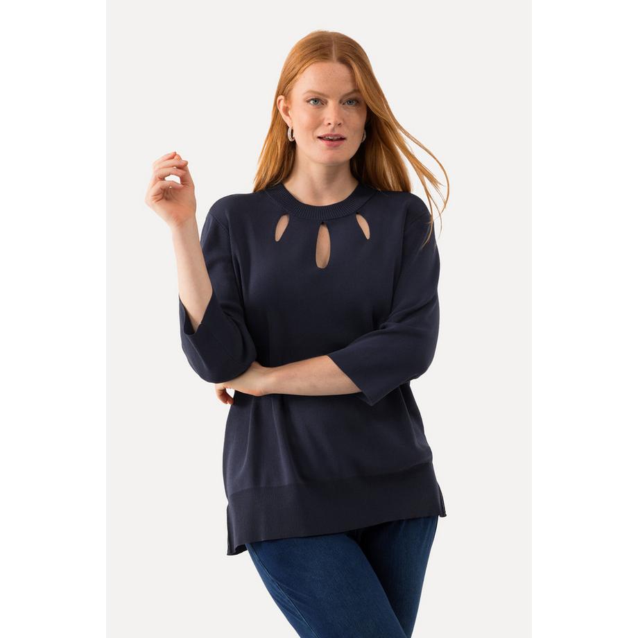 Ulla Popken Pullover Cut-Outs Stehkragen 3/4-Arm Rippstrick  