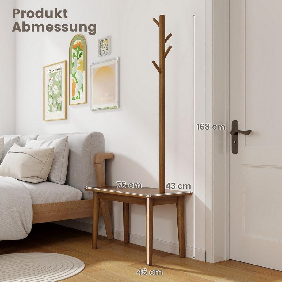Northix 3 in 1 Beistelltisch aus Massivholz Garderobenständer mit Schuhbank 76 x 43 x 168 cm Braun  