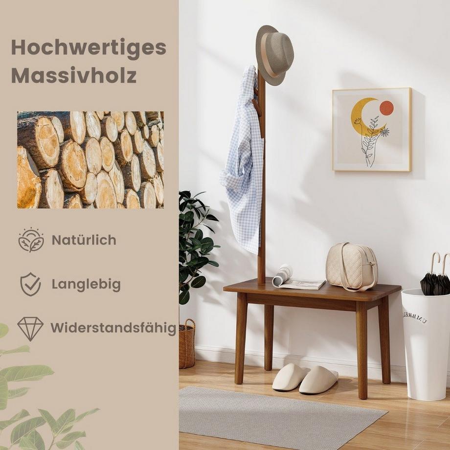 Northix 3 in 1 Beistelltisch aus Massivholz Garderobenständer mit Schuhbank 76 x 43 x 168 cm Braun  