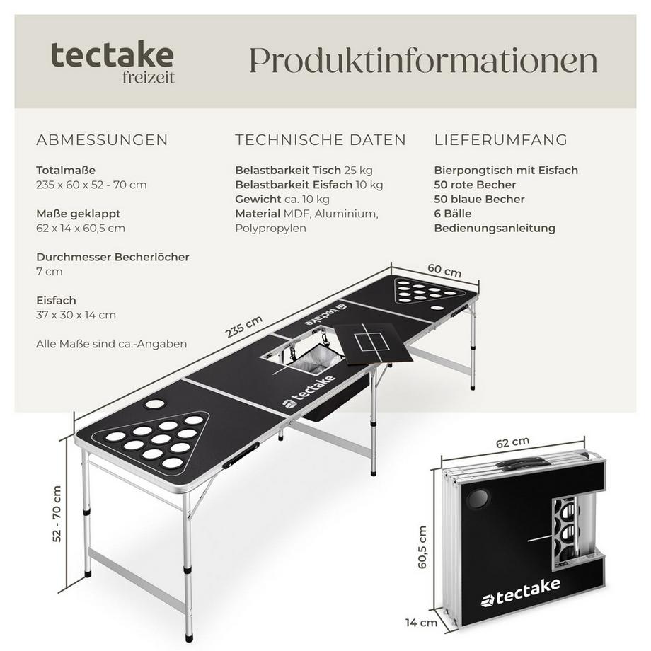 Tectake  Bierpong-Tisch Beer Ball Blitz aus Aluminium mit Eisfach klappbar und höhenverstellbar 