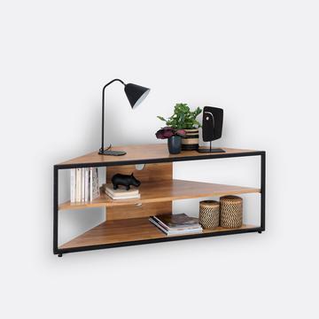 TV-Eckschrank aus massiver Eiche und Metall