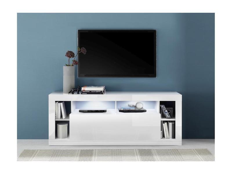 Image of TV Möbel mit 1 Tür & 6 Ablagen + LEDs - Weiß lackiert - BALKA TV Möbel mit 1 Tür & 6 Ablagen + LEDs - Weiß lackiert - BALKA