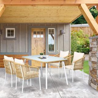 Northio 5-Tlg. Polyrattan Gartenmöbel Esstisch 4 Stühle Sitzgruppe Hartglas Kissen Balkon Terrasse Gelb  