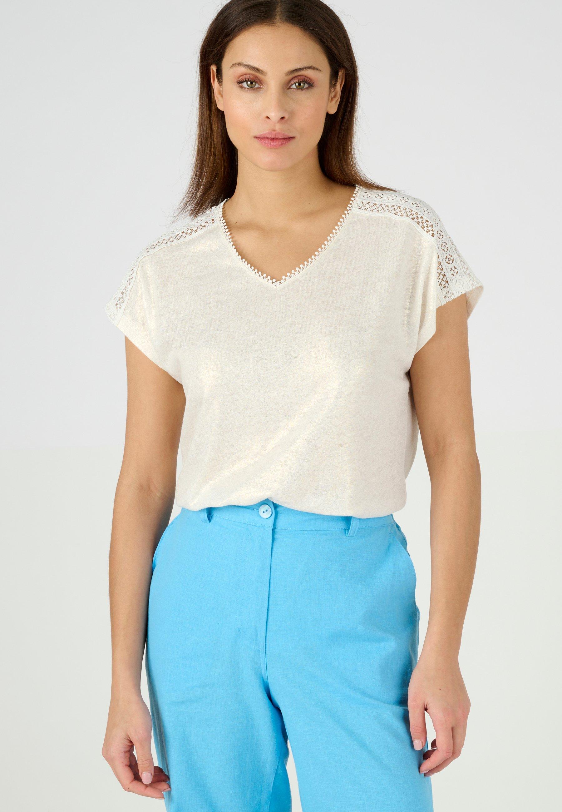 Image of T-shirt Aus Leinen-mix Und Viskose, V-ausschnitt Mit Häkel-bordüre. Überschnittene Ärmel. Damen Weiss 34/36