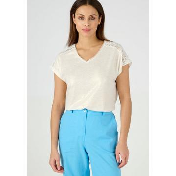 Tee-shirt mélange lin et viscose, col V avec galon croquet, manches T.