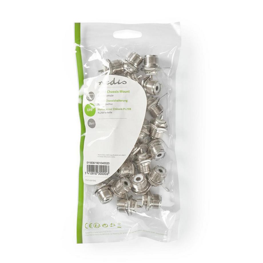 Nedis  Connecteur PL259 | Droit | Femelle | Nickelé | 75 Ohm | Châssis | Diamètre d'entrée de câble : 5.0 mm | Métal | Argent | 25 pcs. | 25 pcs. | Sachet en plastique 