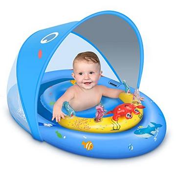 Schwimmring Baby mit UPF50+ Sonnenschutzdach & Spielzeug, Schwimmhilfe Baby für den Pool, Kleinkind